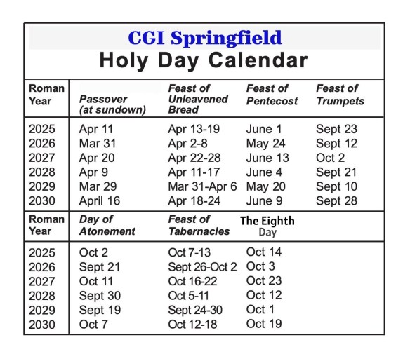 CGI Springfield Holy Day Calendar